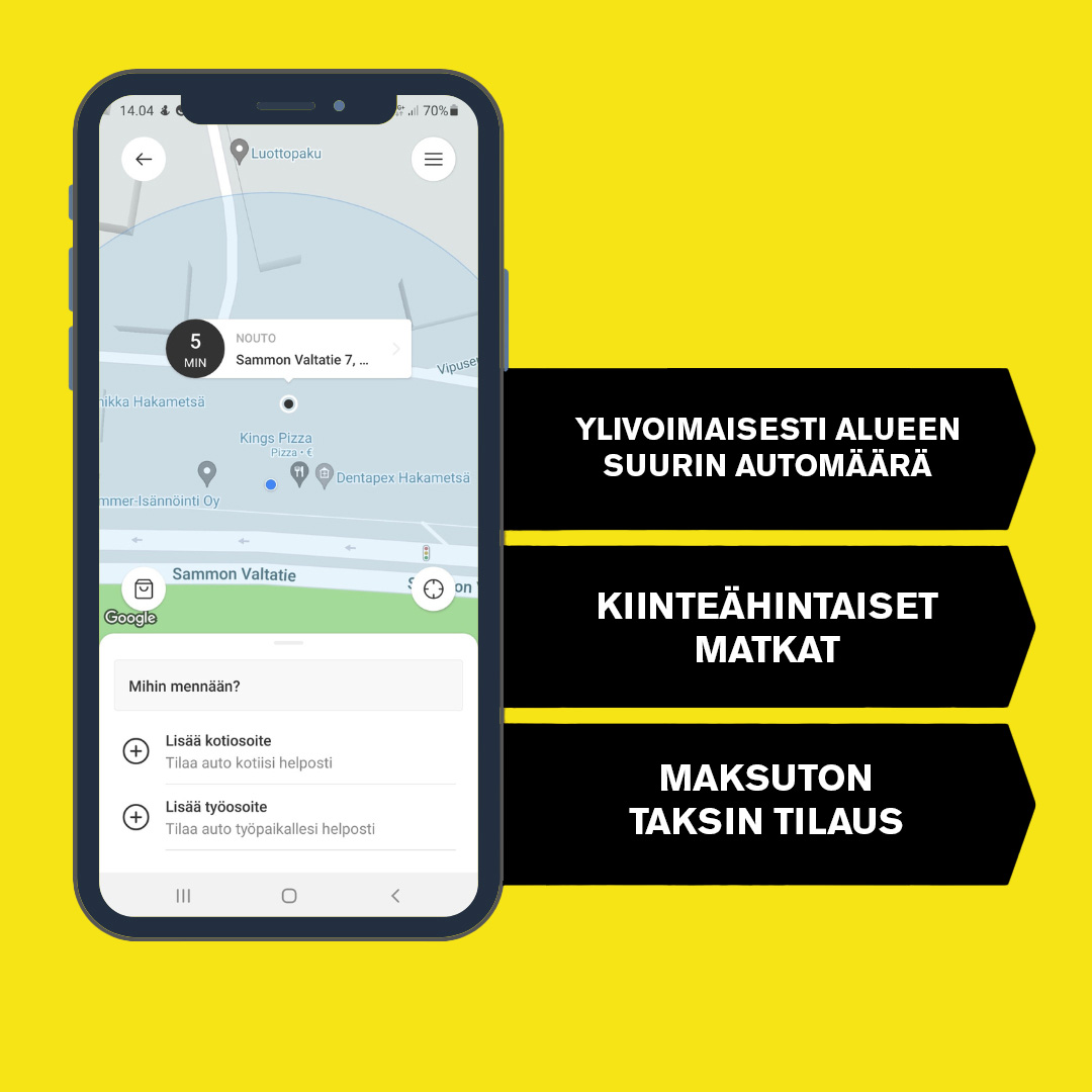 Kuva puhelimesta, jossa on kuvakaappaus Taksi Tampere -sovelluksesta sekä teksti: "Ylivoimaisesti suurin automäärä, kiinteähintaiset matkat ja maksuton taksin tilaus."