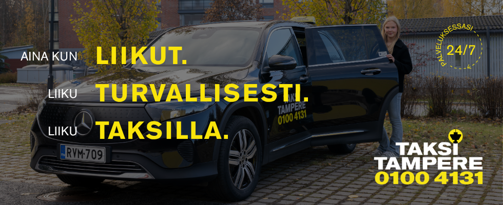 Kuvassa on Taksi Tampereen -logo sek&auml; teksti: 